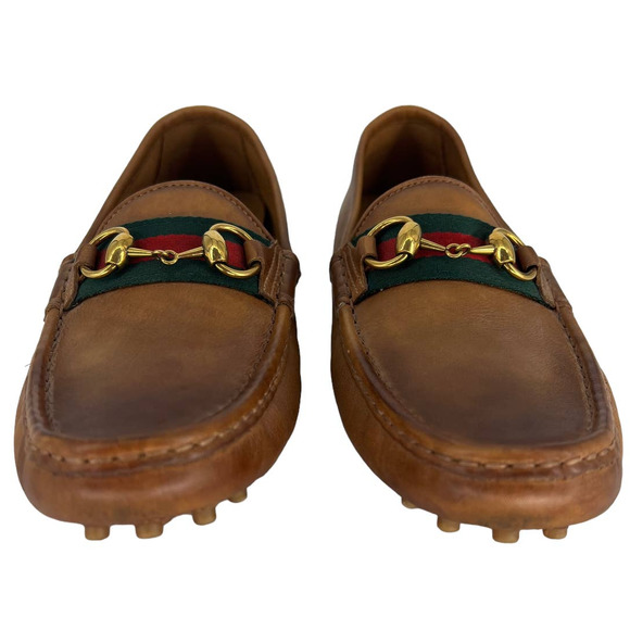 Gucci Web Horsebit Leather Driver Moccasins in Brown - Picture 10 of 16